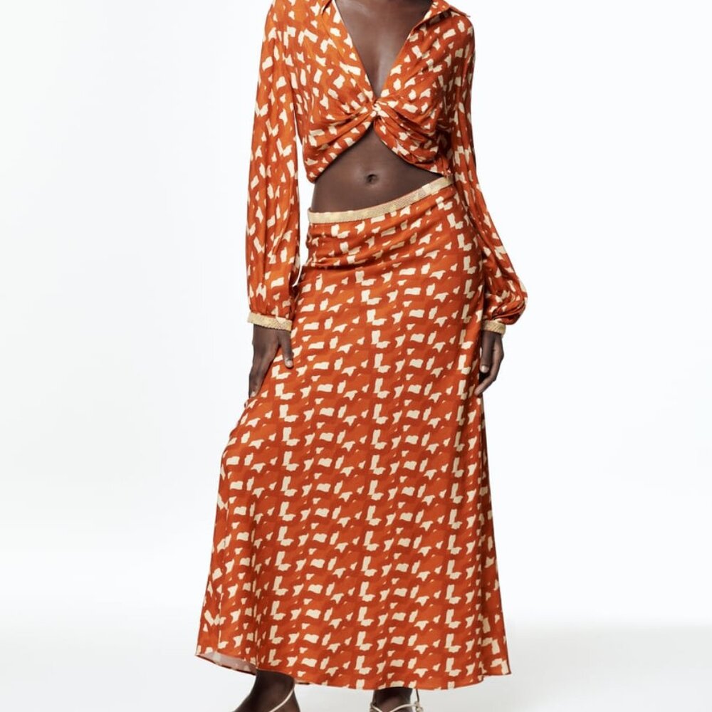 ZARA Linen Blend Beaded Skirt in Terracotta CRUISE BEACH ISLAND S NWT